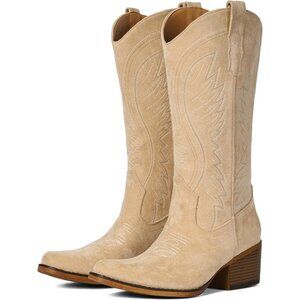 Women's Camel Mid Calf Embroidery Cowgirl Boots Retro Snip Toe Western Boot